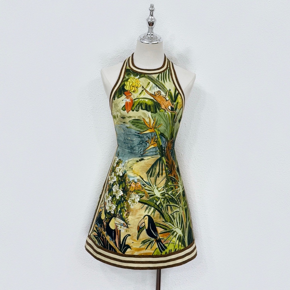 Alemais Tropical Halter Mini Dress in Green and Cream - Picture 1 of 8